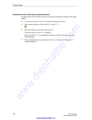 Group Display
7-4 PCS 7 Runtime
C79000-G7076-C778-02
Explanantion of the shown group display hierarchy
The figure shows how the alarm source for a warning is displayed by clicking on the group
display.
• A warning is shown for Area 8. We inspect the warning for Area 8.1.
• The warning originates in both Areas 8.1.1.1 and 8.1.1.2
• Select the warning in Area 8 (by clicking on it)
The alarm source in Area 8.1.1 is displayed.
Reason: in Area 8.1.1, it is impossible to determine to which of the lower areas the
warning belongs.
• If, for example, there was no warning in Area 8.1.1.2, the picture for Area 8.1.1.1
would be displayed.
www.dienhathe.vn
www.dienhathe.com
 