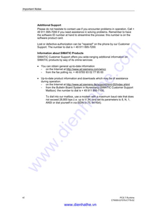 Important Notes
vi PCS 7 Runtime
C79000-G7076-C778-02
Additional Support
Please do not hesitate to contact use if you encounter problems in operation. Call +
49 911 895-7000 if you need assistance in solving problems. Remember to have
the software ID number at hand to streamline the process: this number is on the
software product card.
Lost or defective authorization can be "repaired" on the phone by our Customer
Support. The number to dial is + 49 911 895-7200.
Information about SIMATIC Products
SIMATIC Customer Support offers you wide-ranging additional information on
SIMATIC products by way of its online services:
• You can obtain general up-to-date information
- on the Internet at http://www.ad.siemens.com/wincc
- from the fax polling no. + 49 8765 93 02 77 95 00
• Up-to-date product information and downloads which may be of assistance
during operation:
- on the Internet at http://www.ad.siemens.de/support/html-00/Index.shtml
- from the Bulletin Board System in Nuremberg (SIMATIC Customer Support
Mailbox): the number to dial is + 49 911 895-7100.
To dial into our mailbox, use a modem with a maximum baud rate that does
not exceed 28,800 bps (i.e. up to V.34) and set its parameters to 8, N, 1,
ANSI or dial yourself in via ISDN (x.75, 64 Kbit).
www.dienhathe.vn
www.dienhathe.com
 