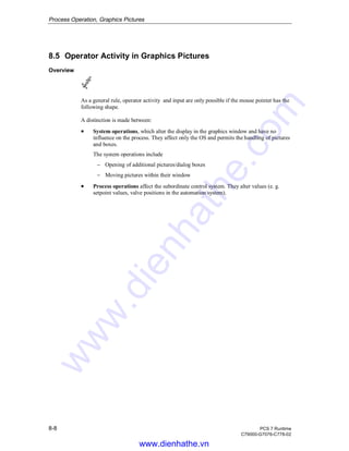 Process Operation, Graphics Pictures
8-8 PCS 7 Runtime
C79000-G7076-C778-02
8.5 Operator Activity in Graphics Pictures
Overview
As a general rule, operator activity and input are only possible if the mouse pointer has the
following shape.
A distinction is made between:
• System operations, which alter the display in the graphics window and have no
influence on the process. They affect only the OS and permits the handling of pictures
and boxes.
The system operations include
− Opening of additional pictures/dialog boxes
− Moving pictures within their window
• Process operations affect the subordinate control system. They alter values (e. g.
setpoint values, valve positions in the automation system).
www.dienhathe.vn
www.dienhathe.com
 