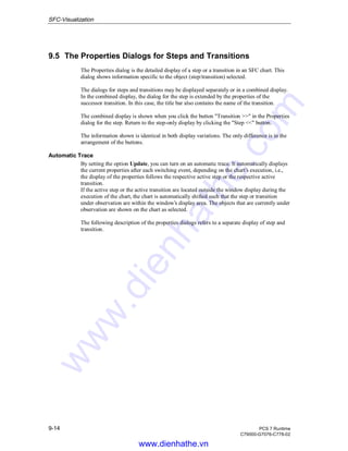 SFC-Visualization
9-14 PCS 7 Runtime
C79000-G7076-C778-02
9.5 The Properties Dialogs for Steps and Transitions
The Properties dialog is the detailed display of a step or a transition in an SFC chart. This
dialog shows information specific to the object (step/transition) selected.
The dialogs for steps and transitions may be displayed separately or in a combined display.
In the combined display, the dialog for the step is extended by the properties of the
successor transition. In this case, the title bar also contains the name of the transition.
The combined display is shown when you click the button "Transition >>" in the Properties
dialog for the step. Return to the step-only display by clicking the "Step <<" button.
The information shown is identical in both display variations. The only difference is in the
arrangement of the buttons.
Automatic Trace
By setting the option Update, you can turn on an automatic trace. It automatically displays
the current properties after each switching event, depending on the chart’s execution, i.e.,
the display of the properties follows the respective active step or the respective active
transition.
If the active step or the active transition are located outside the window display during the
execution of the chart, the chart is automatically shifted such that the step or transition
under observation are within the window’s display area. The objects that are currently under
observation are shown on the chart as selected.
The following description of the properties dialogs refers to a separate display of step and
transition.
www.dienhathe.vn
www.dienhathe.com
 