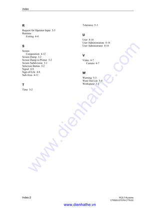 Index
Index-2 PCS 7 Runtime
C79000-G7076-C778-02
R
Request for Operator Input 5-3
Runtime
Exiting 4-4
S
Screen
Composition 4-12
Screen Dump 3-2
Screen Dump to Printer 3-2
Screen Subdivision 3-1
Selection Button 3-2
Signal 4-8
Sign-of-Life 4-8
Sub-Area 4-11
T
Time 3-2
Tolerance 5-3
U
User 4-16
User Administration 4-16
User Administrator 4-16
V
Video 4-7
Camera 4-7
W
Warning 5-3
Went Out List 5-4
Workspace 3-1
www.dienhathe.vn
www.dienhathe.com
 