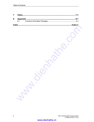 Table of Contents
x PCS 7 WinCC Basic Process Control
C79000-G7076-C777-02
7 Video...................................................................................................... 7-1
8 Appendix............................................................................................... 8-1
8.1 Functions of the Basic Packages................................................................ 8-1
Index .......................................................................................................Index-1
www.dienhathe.vn
www.dienhathe.com
 