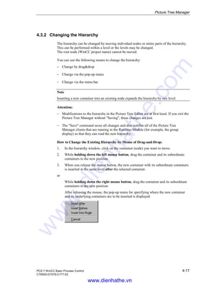 Picture Tree Manager
PCS 7 WinCC Basic Process Control 4-17
C79000-G7076-C777-02
4.3.2 Changing the Hierarchy
The hierarchy can be changed by moving individual nodes or entire parts of the hierarchy.
This can be performed within a level or the levels may be changed.
The root node (WinCC project name) cannot be moved.
You can use the following means to change the hierarchy:
− Change by drag&drop
− Change via the pop-up menu
− Change via the menu bar
Note
Inserting a new container into an existing node expands the hierarchy by one level.
Attention:
− Modifications to the hierarchy in the Picture Tree Editor are at first local. If you exit the
Picture Tree Manager without "Saving", these changes are lost.
− The "Save" command saves all changes and also notifies all of the Picture Tree
Manager clients that are running in the Runtime-Module (for example, the group
display) so that they can read the new hierarchy.
How to Change the Existing Hierarchy by Means of Drag-and-Drop:
1. In the hierarchy window, click on the container (node) you want to move.
2. While holding down the left mouse button, drag the container and its subordinate
containers to the new position.
3. When you release the mouse button, the new container with its subordinate containers
is inserted in the same level after the selected container.
or
While holding down the right mouse button, drag the container and its subordinate
containers to the new position.
After releasing the mouse, the pop-up menu for specifying where the new container
and its underlying containers are to be inserted is displayed.
www.dienhathe.vn
www.dienhathe.com
 