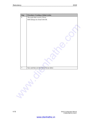 Redundancy 09.99
4-18 WinCC Configuration Manual
C79000-G8276-C164-01
Step Procedure: Creating a Global Action
6 The cycle time is set to 250 ms.
Both dialogs are closed with OK.
7 Save and then exit the Global Script editor.
www.dienhathe.vn
www.dienhathe.com
 