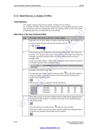 User Archives (Project_UserArchive) 09.99
5-14 WinCC Configuration Manual
C79000-G8276-C164-01
5.1.2 Data Entry (ex_3_chapter_01.PDL)
Task Definition
This sample is based on the previous sample Creation of User Archives
(ex_3_chapter_01.PDL). The previously created archive is to be supplied with data. In this
case, the options of directly entering data in the User Archives editor as well as the option
of importing data from an external file are to be utilized.
Data Entry in the User Archives Editor
Step Procedure: Data Entry in the User Archives Editor
1 Open the User Archives Editor. In order to enter data records into an archive, the
archive must be selected in the left tree structure with the .
2 The archive must be switched into the mode for entering data. This is done via
the Edit Runtime Data menus. Only in this mode can data of an archive be
changed. The switch into this mode can only be performed after saving all
changes made.
In the lower table window, a blank table is displayed whose columns correspond
to the data structure of the configured archive.
3 Entering of the data into the table.
To enter data into a field, it must be selected with a D. If the table window is
the active window, a new data record can also be entered by clicking on the
toolbar button displayed below.
The entry of a value is completed with the ENTER key.
4 If the table window is the active window and the toolbar button displayed below
is pressed, the table window is switched to the mode for the simplified change
and editing of data.
Now the selection of a field with the makes the entry possible.
If the table window is the active window and the toolbar button displayed below
is pressed, the currently selected data record is deleted.
www.dienhathe.vn
www.dienhathe.com
 