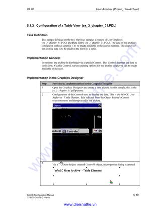09.99 User Archives (Project_UserArchive)
WinCC Configuration Manual 5-19
C79000-G8276-C164-01
5.1.3 Configuration of a Table View (ex_3_chapter_01.PDL)
Task Definition
This sample is based on the two previous samples Creation of User Archives
(ex_3_chapter_01.PDL) and Data Entry (ex_3_chapter_01.PDL). The data of the archives
configured in those samples is to be made available to the user in runtime. The display of
the archive data is to be made in the form of a table.
Implementation Concept
In runtime, the archive is displayed via a special Control. This Control displays the data in
table form. Via this Control, various editing options for the archive displayed can be made
available to the user.
Implementation in the Graphics Designer
Step Procedure: Implementation in the Graphics Designer
1 Open the Graphics Designer and create a new picture. In this sample, this is the
ex_3_chapter_01.pdl picture.
2 Configuration of the Control used to display the data. This is the WinCC User
Archives - Table Element. It is selected from the Object Palette’s Control
selection menu and then placed in the picture.
3
Via a D on the just created Control1 object, its properties dialog is opened.
www.dienhathe.vn
www.dienhathe.com
 