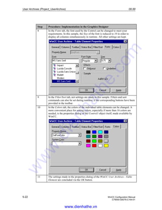 User Archives (Project_UserArchive) 09.99
5-22 WinCC Configuration Manual
C79000-G8276-C164-01
Step Procedure: Implementation in the Graphics Designer
8 In the Fonts tab, the font used by the Control can be changed to meet your
requirements. In this sample, the Size of the font is reduced to 10 in order to
display all columns simultaneously in runtime. All other settings are kept.
9 In the Filter/Sort tab, not settings are made in this sample. Filters and sort
commands can also be set during runtime, if the corresponding buttons have been
provided in the toolbar.
10 In the Colors tab, the colors of the individual table elements can be changed. A
more convenient place for setting colors, especially if more than 16 colors are
needed, is the properties dialog of the Control1 object itself, made available by
WinCC.
11 The settings made in the properties dialog of the WinCC User Archives - Table
Element are concluded via the OK button.
www.dienhathe.vn
www.dienhathe.com
 