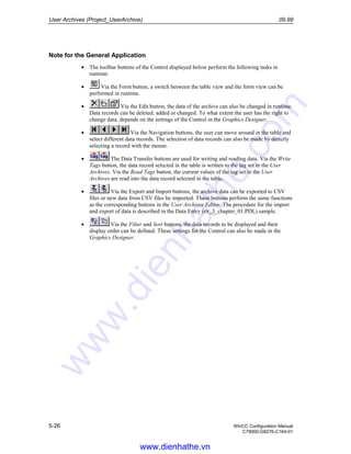 User Archives (Project_UserArchive) 09.99
5-26 WinCC Configuration Manual
C79000-G8276-C164-01
Note for the General Application
• The toolbar buttons of the Control displayed below perform the following tasks in
runtime:
• Via the Form button, a switch between the table view and the form view can be
performed in runtime.
• Via the Edit button, the data of the archive can also be changed in runtime.
Data records can be deleted, added or changed. To what extent the user has the right to
change data, depends on the settings of the Control in the Graphics Designer.
• Via the Navigation buttons, the user can move around in the table and
select different data records. The selection of data records can also be made by directly
selecting a record with the mouse.
• The Data Transfer buttons are used for writing and reading data. Via the Write
Tags button, the data record selected in the table is written to the tag set in the User
Archives. Via the Read Tags button, the current values of the tag set in the User
Archives are read into the data record selected in the table.
• Via the Export and Import buttons, the archive data can be exported to CSV
files or new data from CSV files be imported. These buttons perform the same functions
as the corresponding buttons in the User Archives Editor. The procedure for the import
and export of data is described in the Data Entry (ex_3_chapter_01.PDL) sample.
• Via the Filter and Sort buttons, the data records to be displayed and their
display order can be defined. These settings for the Control can also be made in the
Graphics Designer.
www.dienhathe.vn
www.dienhathe.com
 