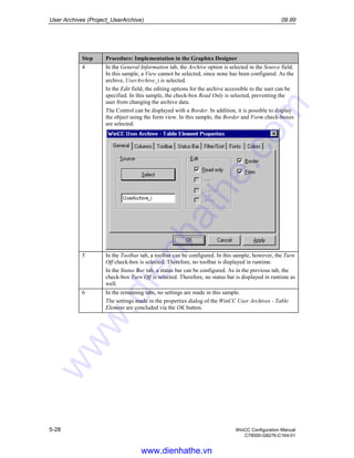 User Archives (Project_UserArchive) 09.99
5-28 WinCC Configuration Manual
C79000-G8276-C164-01
Step Procedure: Implementation in the Graphics Designer
4 In the General Information tab, the Archive option is selected in the Source field.
In this sample, a View cannot be selected, since none has been configured. As the
archive, UserArchive_i is selected.
In the Edit field, the editing options for the archive accessible to the user can be
specified. In this sample, the check-box Read Only is selected, preventing the
user from changing the archive data.
The Control can be displayed with a Border. In addition, it is possible to display
the object using the form view. In this sample, the Border and Form check-boxes
are selected.
5 In the Toolbar tab, a toolbar can be configured. In this sample, however, the Turn
Off check-box is selected. Therefore, no toolbar is displayed in runtime.
In the Status Bar tab, a status bar can be configured. As in the previous tab, the
check-box Turn Off is selected. Therefore, no status bar is displayed in runtime as
well.
6 In the remaining tabs, no settings are made in this sample.
The settings made in the properties dialog of the WinCC User Archives - Table
Element are concluded via the OK button.
www.dienhathe.vn
www.dienhathe.com
 