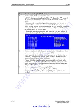 User Archives (Project_UserArchive) 09.99
5-54 WinCC Configuration Manual
C79000-G8276-C164-01
Step Procedure: Creating the STEP5 Program
4 Creation of data blocks for the telegram data.
In STEP5, this is accomplished via the Editor Data Block menus of
the program file. As the names of the data blocks, this sample uses DB25 to
DB30.
These data blocks contain the telegram data of the various jobs. For each job
implemented, this sample uses a separate data block. The data ranges for the
record and field numbers initially remain empty. They are only filled with current
values just before the telegram is sent. Likewise, possibly required job data is
only entered before the telegram is sent.
The following depicts the completed DB26 data block. This block contains the
telegram data for the job of reading a data record from the User Archives.
5 Creation of the data block for the active communication with the User Archives.
As the name of the data block, this sample uses DB23.
In this data block, the WinCC Raw Data Tag created for the User Archives is
addressed. The job telegrams are send by this data block, WinCC sends the
acknowledgment telegrams to this data block.
The size of the data block depends on the maximum telegram length. In this
sample, this is a length of 46 Bytes, which occurs during a write job of a data
record into the archive. This length consists of a 16 Byte telegram header, a 12
Byte job and 18 Bytes of job data.
6 Creation of a program block for deleting the DB23.
As the name of the program block, this sample uses PB111.
This program block is called, before a new job telegram is sent to the User
Archives.
www.dienhathe.vn
www.dienhathe.com
 
