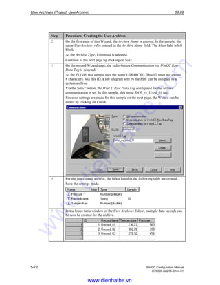 User Archives (Project_UserArchive) 09.99
5-72 WinCC Configuration Manual
C79000-G8276-C164-01
Step Procedure: Creating the User Archives
2 On the first page of this Wizard, the Archive Name is entered. In the sample, the
name UserArchive_rd is entered in the Archive Name field. The Alias field is left
blank.
As the Archive Type, Unlimited is selected.
Continue to the next page by clicking on Next.
3 On the second Wizard page, the radio-button Communication via WinCC Raw
Data Tag is selected.
As the PLCID, this sample uses the name USRARCRD. This ID must not exceed
8 characters. Via this ID, a job telegram sent by the PLC can be assigned to a
certain archive.
Via the Select button, the WinCC Raw Data Tag configured for the archive
communication is set. In this sample, this is the RAW_ex_UArd_01 tag.
Since no settings are made for this sample on the next page, the Wizard can be
exited by clicking on Finish.
4 For the just created archive, the fields listed in the following table are created.
Save the settings made.
5 In the lower table window of the User Archives Editor, multiple data records can
be now be created for the archive.
www.dienhathe.vn
www.dienhathe.com
 