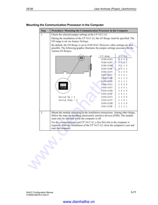 09.99 User Archives (Project_UserArchive)
WinCC Configuration Manual 5-77
C79000-G8276-C164-01
Mounting the Communication Processor in the Computer
Step Procedure: Mounting the Communication Processor in the Computer
1 Check the selected jumper settings at the CP 5412 A2.
During the installation of the CP 5412 A2, the I/O Range must be specified. The
I/O range is set via Jumper Settings.
By default, the I/O Range is set to 0240-0243. However, other settings are also
possible. The following graphic illustrates the jumper settings necessary for the
various I/O Ranges.
2 Mount the module according to the installation instructions. Among other things,
follow the steps for handling electrostatic sensitive devices (ESD). The module
must only be installed while the computer is off.
For the communication card CP 5412 A2, a free ISA slot in the computer is
required. After the installation of the CP 5412 A2, close the computer’s case and
start the computer.
www.dienhathe.vn
www.dienhathe.com
 