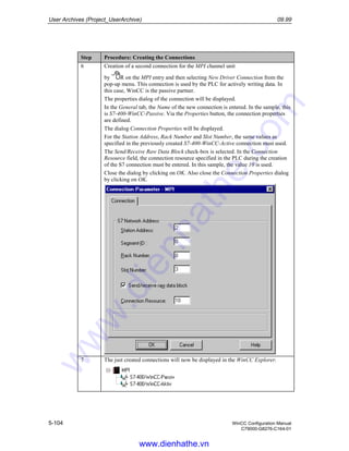 User Archives (Project_UserArchive) 09.99
5-104 WinCC Configuration Manual
C79000-G8276-C164-01
Step Procedure: Creating the Connections
6 Creation of a second connection for the MPI channel unit
by R on the MPI entry and then selecting New Driver Connection from the
pop-up menu. This connection is used by the PLC for actively writing data. In
this case, WinCC is the passive partner.
The properties dialog of the connection will be displayed.
In the General tab, the Name of the new connection is entered. In the sample, this
is S7-400-WinCC-Passive. Via the Properties button, the connection properties
are defined.
The dialog Connection Properties will be displayed.
For the Station Address, Rack Number and Slot Number, the same values as
specified in the previously created S7-400-WinCC-Active connection must used.
The Send/Receive Raw Data Block check-box is selected. In the Connection
Resource field, the connection resource specified in the PLC during the creation
of the S7 connection must be entered. In this sample, the value 10 is used.
Close the dialog by clicking on OK. Also close the Connection Properties dialog
by clicking on OK.
7 The just created connections will now be displayed in the WinCC Explorer.
www.dienhathe.vn
www.dienhathe.com
 