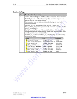 09.99 User Archives (Project_UserArchive)
WinCC Configuration Manual 5-107
C79000-G8276-C164-01
Creating the Tags
Step Procedure: Creating the Tags
1 Creation of the tags for the S7-400-WinCC-Active connection. This is done in the
WinCC Explorer via a R on the corresponding connection entry and then
selecting New Tag from the pop-up menu.
The names, data types and addresses of the individual tags are listed in the
following illustration.
The T08w_ex_UAS7_RecordName, S32w_ex_UAS7_Pressure and
S32w_ex_UAS7_Temperature tags represent the data record currently in the PLC,
which is stored in DB21.
The U32w_ex_UAS7_Record, U16w_ex_UAS7_Field and U16w_ex_UAS7_Job
tags represent the record number and field number to be processed as well as the
control tag, which are also stored in DB21.
The U08w_ex_UAS7_Busy and U08w_ex_UAS7_Error tags are used to display
the current job status.
www.dienhathe.vn
www.dienhathe.com
 
