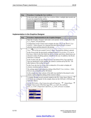 User Archives (Project_UserArchive) 09.99
5-110 WinCC Configuration Manual
C79000-G8276-C164-01
Step Procedure: Creating the User Archives
5 In the lower table window of the User Archives Editor, multiple data records can
be now be created for the archive.
Implementation in the Graphics Designer
Step Procedure: Implementation in the Graphics Designer
1 Open the Graphics Designer and create a new picture. In this sample, this is the
ex_3_chapter_01b.pdl picture.
Configuration of the Control used to display the data. This is the WinCC User
Archives - Table Element. It is selected from the Object Palette’s Control
selection menu and then placed in the picture.
2
Via a D on the just created Control1 object, its properties dialog is opened.
In the General tab, the previously configured archive UserArchive_S7 is set in
the Source field. In the Edit field, the Insert, Change and Delete check-boxes are
selected to make all editing options available to the user. In addition, the Border
check-box is selected.
In the Toolbar tab, the two check-boxes for the buttons Write Tags and Read
Tags are deselected. In this sample, the control is carried out by the PLC. All
other buttons of the toolbar are used.
In the Fonts tab, the Size of the font is reduced to 10 in order to display all
columns simultaneously in runtime.
The settings made in the properties dialog of the WinCC User Archives - Table
Element are concluded via the OK button.
In this sample, the color scheme of the table was matched to the project’s color
scheme via the properties dialog of the Control1 object.
3 To display the data record currently loaded in the PLC, three Smart Objects
I/O Fields are configured. In this sample, these are the I/OField1, I/OField2 and
I/OField3 objects.
For the I/O Fields, a Tag Connection each at Properties Output/Input
Output Value to one of the three tags T08w_ex_UAS7_RecordName,
S32w_ex_UAS7_Temperature and S32w_ex_UAS7_Pressure is created.
www.dienhathe.vn
www.dienhathe.com
 