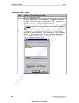 Distributed Servers 09.99
3-6 WinCC Configuration Manual
C79000-G8276-C164-01
Configuring Alarm Logging
Step Procedure: Configuring Alarm Logging
1 Open the Alarm Logging editor.
2 Creation of single messages. In the lower window of the Alarm Logging editor,
the already configured messages are displayed. Via a R, a new line can be
added. In this sample, two different messages are required.
The error type, message text and point of error must be changed correspondingly.
3 Configuration of the limit value monitoring. If the Limit Value Monitoring
(Analog Alarm) entry is not present, it must be loaded first. This is done via the
Options Add Ins menus in Alarm Logging. In the dialog displayed, the
check-box for the Limit Value Monitoring (Analog Alarm) must be selected.
Close the dialog box by clicking on OK.
www.dienhathe.vn
www.dienhathe.com
 