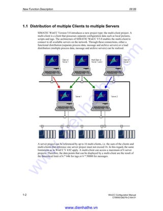 New Function Description 09.99
1-2 WinCC Configuration Manual
C79000-G8276-C164-01
1.1 Distribution of multiple Clients to multiple Servers
SIMATIC WinCC Version 5.0 introduces a new project type: the multi-client project. A
multi-client is a client that possesses separate configuration data such as local pictures,
scripts and tags. The architecture of SIMATIC WinCC V5.0 enables the multi-client to
connect to all available servers on the network. Through these connections, either a
functional distribution (separate process data, message and archive servers) or a load
distribution (multiple process data, message and archive servers) can be realized.
A server project can be referenced by up to 16 multi-clients, i.e. the sum of the clients and
multi-clients that reference one server project must not exceed 16. In this regard, the same
limitations as to WinCC V 4.02 apply. A multi-client can access a maximum of 6 server
projects. Therefore, the data points that can be displayed by a multi-client are the result of
the theoretical limit of 6 * 64k for tags or 6 * 50000 for messages.
www.dienhathe.vn
www.dienhathe.com
 