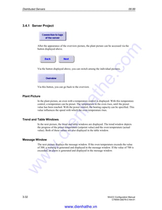 Distributed Servers 09.99
3-32 WinCC Configuration Manual
C79000-G8276-C164-01
3.4.1 Server Project
After the appearance of the overview picture, the plant picture can be accessed via the
button displayed above.
Via the button displayed above, you can switch among the individual pictures.
Via this button, you can go back to the overview.
Plant Picture
In the plant picture, an oven with a temperature control is displayed. With this temperature
control, a temperature can be preset. The temperature in the oven rises, until the preset
value has been reached. With the power control, the heating capacity can be specified. This
value influences the speed with which the oven temperature rises.
Trend and Table Windows
In the next picture, the trend and table windows are displayed. The trend window depicts
the progress of the preset temperature (setpoint value) and the oven temperature (actual
value). Both of these values are also displayed in the table window.
Message Window
The next picture displays the message window. If the oven temperature exceeds the value
of 300, a warning is generated and displayed in the message window. If the value of 700 is
exceeded, an alarm is generated and displayed in the message window.
www.dienhathe.vn
www.dienhathe.com
 