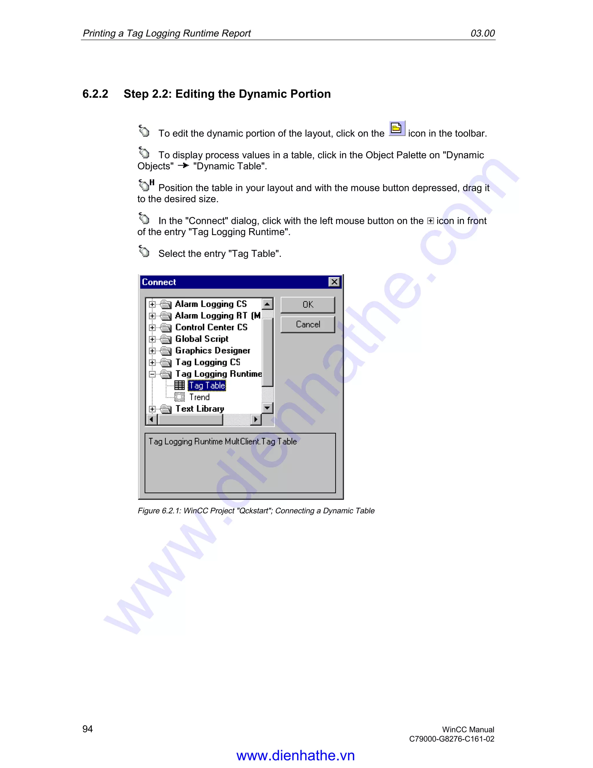 Printing a Tag Logging Runtime Report 03.00
94 WinCC Manual
C79000-G8276-C161-02
6.2.2 Step 2.2: Editing the Dynamic Portion
To edit the dynamic portion of the layout, click on the icon in the toolbar.
To display process values in a table, click in the Object Palette on "Dynamic
Objects" "Dynamic Table".
Position the table in your layout and with the mouse button depressed, drag it
to the desired size.
In the "Connect" dialog, click with the left mouse button on the icon in front
of the entry "Tag Logging Runtime".
Select the entry "Tag Table".
Figure 6.2.1: WinCC Project "Qckstart"; Connecting a Dynamic Table
www.dienhathe.vn
www.dienhathe.com
 