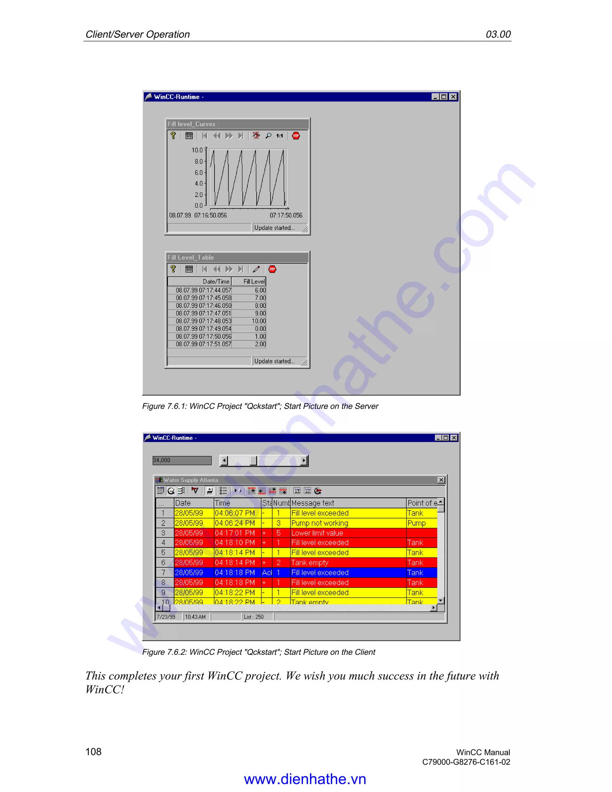 Client/Server Operation 03.00
108 WinCC Manual
C79000-G8276-C161-02
Figure 7.6.1: WinCC Project "Qckstart"; Start Picture on the Server
Figure 7.6.2: WinCC Project "Qckstart"; Start Picture on the Client
This completes your first WinCC project. We wish you much success in the future with
WinCC!
www.dienhathe.vn
www.dienhathe.com
 