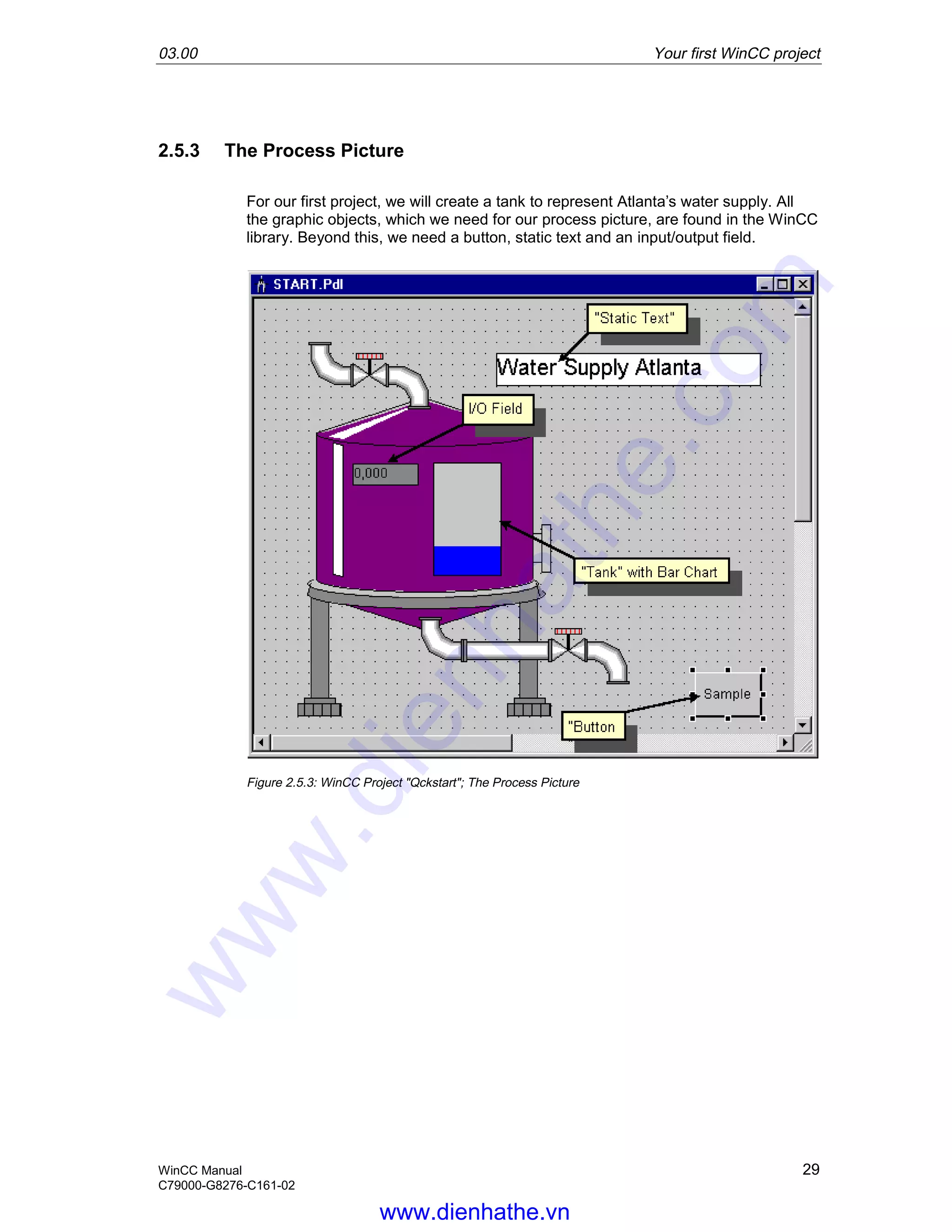 03.00 Your first WinCC project
WinCC Manual 29
C79000-G8276-C161-02
2.5.3 The Process Picture
For our first project, we will create a tank to represent Atlanta’s water supply. All
the graphic objects, which we need for our process picture, are found in the WinCC
library. Beyond this, we need a button, static text and an input/output field.
Figure 2.5.3: WinCC Project "Qckstart"; The Process Picture
www.dienhathe.vn
www.dienhathe.com
 
