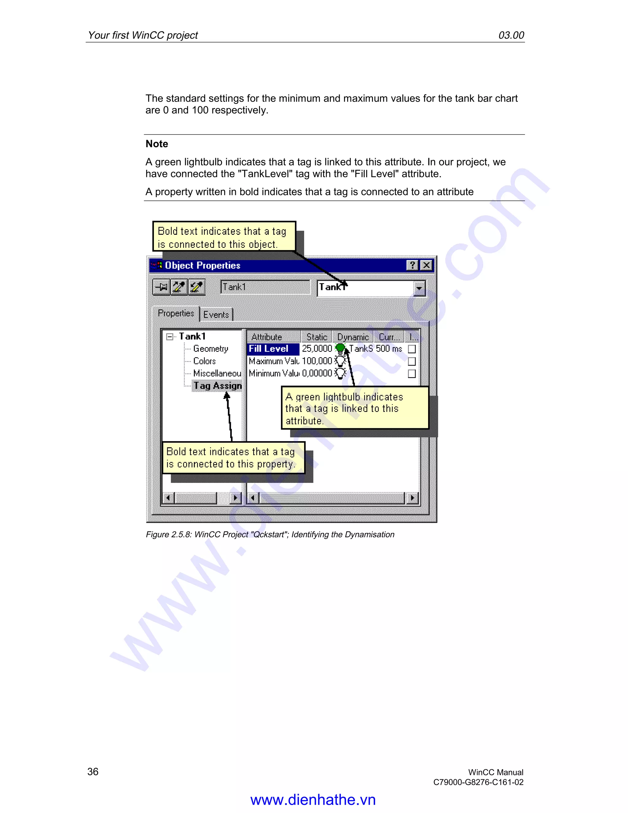 Your first WinCC project 03.00
36 WinCC Manual
C79000-G8276-C161-02
The standard settings for the minimum and maximum values for the tank bar chart
are 0 and 100 respectively.
Note
A green lightbulb indicates that a tag is linked to this attribute. In our project, we
have connected the "TankLevel" tag with the "Fill Level" attribute.
A property written in bold indicates that a tag is connected to an attribute
Figure 2.5.8: WinCC Project "Qckstart"; Identifying the Dynamisation
www.dienhathe.vn
www.dienhathe.com
 