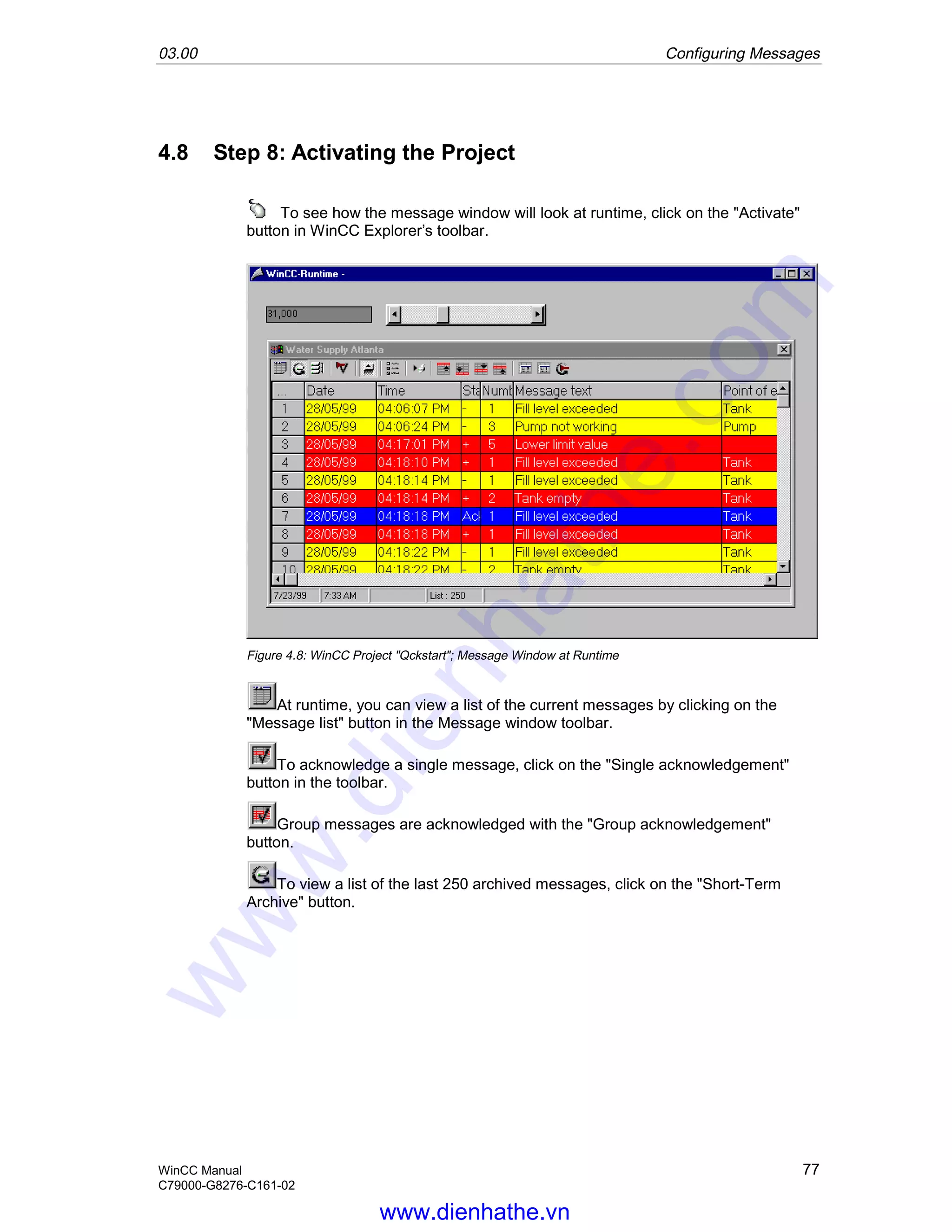 03.00 Configuring Messages
WinCC Manual 77
C79000-G8276-C161-02
4.8 Step 8: Activating the Project
To see how the message window will look at runtime, click on the "Activate"
button in WinCC Explorer’s toolbar.
Figure 4.8: WinCC Project "Qckstart"; Message Window at Runtime
At runtime, you can view a list of the current messages by clicking on the
"Message list" button in the Message window toolbar.
To acknowledge a single message, click on the "Single acknowledgement"
button in the toolbar.
Group messages are acknowledged with the "Group acknowledgement"
button.
To view a list of the last 250 archived messages, click on the "Short-Term
Archive" button.
www.dienhathe.vn
www.dienhathe.com
 