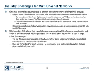 Industry Challenges for Multi-Channel Networks
MCNs may become less advantageous as different applications emerge offering similar analytics
― Google Chrome’s free extension, VidIQ, offers video analytics to help content producers maximize audiences
― For each video, VidIQ tracks and displays watch time, social media shares and VidIQ score, which determines how
likely a video is to show up in YouTube’s related, recommended and search categories
― This may prove threatening to Fullscreen, which has a differentiated product among MCNs, offering key data analytics,
tools and support

― Optimizing videos through third-party applications may deliver increases in a video’s exposure comparable with
what MCNs provide

While incumbent MCNs have their own challenges, new or aspiring MCNs face enormous hurdles and
barriers to enter the market, including the scale already achieved by incumbents, as well as large
funding disadvantages
― The first MCNs were able to capitalize on YouTube’s Partner Grants program which allocated an initial $5.0
million to help spur the creation of original content
― Many feel the “land grab” is largely complete – so new networks have to attract talent away from the large
players – which will prove costly

Source: Wall Street Research, TubeFilter

19

Summer 2013
Digital Video Report

 