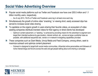 Social Video Advertising Overview
Popular social media platforms such as Twitter and Facebook now have over 200.0 million and 1.1
billion monthly users, respectively
― As of July 2013, 76.0% of Twitter and Facebook users log in at least once each day

Simultaneously the growth of online video “snacking,” or viewing short, easily accessed clips has
served to increase social video sharing
To capitalize on the organic growth in users sharing their favorite videos, an ecosystem of video
seeding companies distribute branded videos for their agency or direct clients has developed
― Optimum content placement, or “seeding,” is achieved by providing means for the advertiser to segment and
target their intended audience by geo-location, interest vertical, etc., across as large a publisher base as
possible, with additional sequential ads, vendor or in-network re-targeting capabilities provided

These companies such as Giant Media, Unruly Media and Feed Company, among others, seek to
maximize outreach and optimize content placement
― Outreach is designed to target both social media communities, influential online personalities and followers of
niche interest blogs and forums across the web and get people talking about and sharing a campaign

Source: Wall Street Research,

27

Summer 2013
Digital Video Report

 