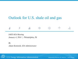 U.S. Energy Information Administration Independent Statistics & Analysis www.eia.gov 
Outlook for U.S. shale oil and gas 
IAEE/AEA Meeting 
January 4, 2014 | Philadelphia, PA 
By 
Adam Sieminski, EIA Administrator  