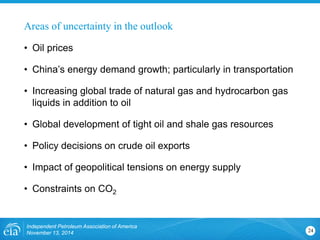 Areas of uncertainty in the outlook 
• 
Oil prices 
• 
China’s energy demand growth; particularly in transportation 
• 
Increasing global trade of natural gas and hydrocarbon gas liquids in addition to oil 
• 
Global development of tight oil and shale gas resources 
• 
Policy decisions on crude oil exports 
• 
Impact of geopolitical tensions on energy supply 
• 
Constraints on CO2 
Independent Petroleum Association of America 
November 13, 2014 24 
 