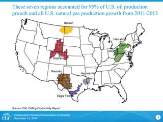 3 
Independent Petroleum Association of America 
November 13, 2014 
These seven regions accounted for 95% of U.S. oil production growth and all U.S. natural gas production growth from 2011-2013 
Source: EIA, Drilling Productivity Report  