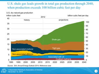U.S. shale gas leads growth in total gas production through 2040, when production exceeds 100 billion cubic feet per day 
5 
U.S. dry natural gas production 
trillion cubic feet 
Source: EIA, Annual Energy Outlook 2014, Reference case 
0 
10 
20 
30 
40 
50 
60 
70 
80 
90 
100 
0 
5 
10 
15 
20 
25 
30 
35 
40 
1990 
1995 
2000 
2005 
2010 
2015 
2020 
2025 
2030 
2035 
2040 
Associated with oil 
Coalbed methane 
Tight gas 
Shale gas 
Alaska 
Non-associated offshore 
Non-associated onshore 
projections 
history 
2012 
Independent Petroleum Association of America 
November 13, 2014 
billion cubic feet per day  