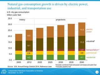 6 
0.0 
5.0 
10.0 
15.0 
20.0 
25.0 
30.0 
35.0 
2005 
2012 
2020 
2025 
2030 
2035 
2040 
U.S. dry gas consumption 
trillion cubic feet 
Source: EIA, Annual Energy Outlook 2014, Reference case 
projections 
history 
industrial* 
electric 
power 
commercial 
residential 
transportation** 
11.2 
4.1 
1.7 
11.0 
3.6 
9.1 
4.2 
0.7 
8.5 
2.9 
*Includes combined heat-and-power and lease and plant fuel 
**Includes pipeline fuel 
Natural gas consumption growth is driven by electric power, industrial, and transportation use 
Independent Petroleum Association of America 
November 13, 2014 
 