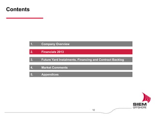 Contents
12
1. Company Overview
2. Financials 2013
3. Future Yard Instalments, Financing and Contract Backlog
4. Market Comments
5. Appendices
 