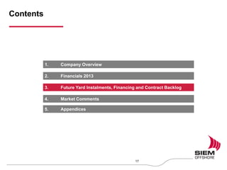 Contents
17
1. Company Overview
2. Financials 2013
3. Future Yard Instalments, Financing and Contract Backlog
4. Market Comments
5. Appendices
 