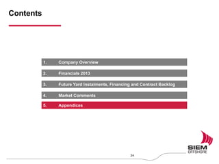 Contents
24
1. Company Overview
2. Financials 2013
3. Future Yard Instalments, Financing and Contract Backlog
4. Market Comments
5. Appendices
 