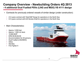 • Contracts for previously ordered vessels of similar design (under construction):
• 4+4 years contract with Total E&P Norge for operations in the North Sea
• 5+5 years contract with A/S Norske Shell for operations in the North Sea
• Main Characteristics:
• Approx. 5,500 dwt
• Approx. 1,000 m2 deck
• 10,800 BHP
• ERN 99,99,99,99
• Accommodation for 25 persons
• Dual Fuelled (LNG/MDO)
• Oilrec
• Standby
• Fire Fighter II
9
Company Overview - Newbuilding Orders 4Q 2013
- 4 additional Dual Fuelled PSVs (LNG and MDO) VS 4111 design
 