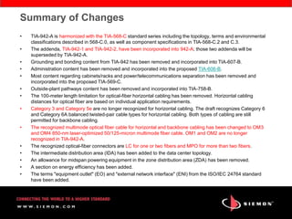 Summary of Changes
•   TIA-942-A is harmonized with the TIA-568-C standard series including the topology, terms and environmental
    classifications described in 568-C.0, as well as component specifications in TIA-568-C.2 and C.3.
•   The addenda, TIA-942-1 and TIA-942-2, have been incorporated into 942-A; those two addenda will be
    superseded by TIA-942-A.
•   Grounding and bonding content from TIA-942 has been removed and incorporated into TIA-607-B.
•   Administration content has been removed and incorporated into the proposed TIA-606-B.
•   Most content regarding cabinets/racks and power/telecommunications separation has been removed and
    incorporated into the proposed TIA-569-C.
•   Outside-plant pathways content has been removed and incorporated into TIA-758-B.
•   The 100-meter length limitation for optical-fiber horizontal cabling has been removed. Horizontal cabling
    distances for optical fiber are based on individual application requirements.
•   Category 3 and Category 5e are no longer recognized for horizontal cabling. The draft recognizes Category 6
    and Category 6A balanced twisted-pair cable types for horizontal cabling. Both types of cabling are still
    permitted for backbone cabling.
•   The recognized multimode optical fiber cable for horizontal and backbone cabling has been changed to OM3
    and OM4 850-nm laser-optimized 50/125-micron multimode fiber cable. OM1 and OM2 are no longer
    recognized in TIA-942-A.
•   The recognized optical-fiber connectors are LC for one or two fibers and MPO for more than two fibers.
•   The intermediate distribution area (IDA) has been added to the data center topology.
•   An allowance for midspan powering equipment in the zone distribution area (ZDA) has been removed.
•   A section on energy efficiency has been added.
•   The terms "equipment outlet" (EO) and "external network interface" (ENI) from the ISO/IEC 24764 standard
    have been added.
 