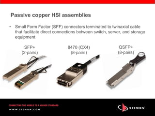 Passive copper HSI assemblies

• Small Form Factor (SFF) connectors terminated to twinaxial cable
  that facilitate direct connections between switch, server, and storage
  equipment

       SFP+                   8470 (CX4)                  QSFP+
      (2-pairs)                (8-pairs)                 (8-pairs)
 