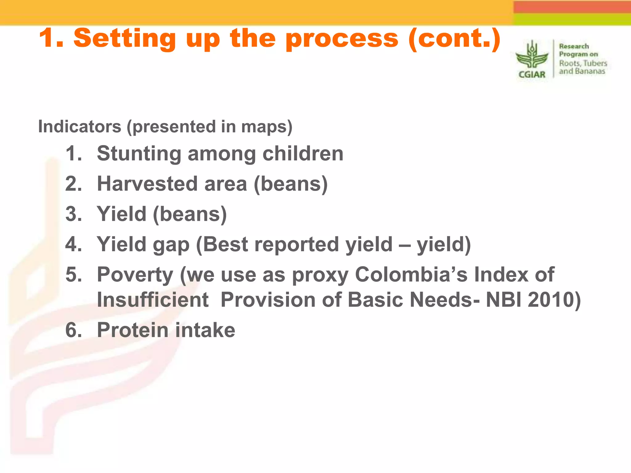 Indicators (presented in maps)
1. Stunting among children
2. Harvested area (beans)
3. Yield (beans)
4. Yield gap (Best reported yield – yield)
5. Poverty (we use as proxy Colombia’s Index of
Insufficient Provision of Basic Needs- NBI 2010)
6. Protein intake
1. Setting up the process (cont.)
 
