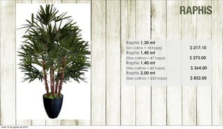 RAPHIS
Raphis 1,30 mt
(Un colino + 18 hojas) $ 217.10
Raphis 1,40 mt
(Dos colinos + 47 hojas) $ 273.00
Raphis 1,40 mt
(Tres colinos + 63 hojas) $ 364.00
Raphis 2,00 mt
(Seis colinos + 233 hojas) $ 832.00
lunes 15 de agosto de 2016
 