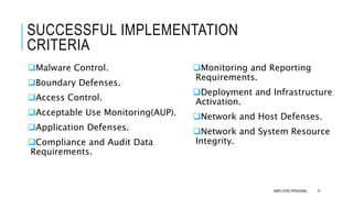 SUCCESSFUL IMPLEMENTATION
CRITERIA
Malware Control.
Boundary Defenses.
Access Control.
Acceptable Use Monitoring(AUP).
Application Defenses.
Compliance and Audit Data
Requirements.
Monitoring and Reporting
Requirements.
Deployment and Infrastructure
Activation.
Network and Host Defenses.
Network and System Resource
Integrity.
31EMPLOYEE-PERSONAL
 