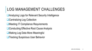 LOG MANAGEMENT CHALLENGES
Analyzing Logs for Relevant Security Intelligence
Centralizing Log Collection
Meeting IT Compliance Requirements
Conducting Effective Root Cause Analysis
Making Log Data More Meaningful
Tracking Suspicious User Behavior
6EMPLOYEE-PERSONAL
 