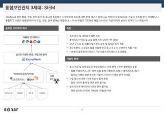 통합보안관제 3세대: SIEM
5
10Gbps급 장비 확대, 연동 장비 증가 등 로그가 폭증하기 시작하면서 성능에 대한 문제 제기가 늘어나고, 빅데이터 및 NoSQL 기술이 주목을 받기 시작합니다.
통합로그 수준의 대용량 데이터 수집, 저장, 검색 문제는 해결되나, 사이버 위협의 고도화로 복합 시나리오 기반 데이터 분석이 요구되기 시작합니다.
솔루션 아키텍처 예시 특징
기술적 한계
• 원본 로그 및 네트워크 패킷 저장
• 풀텍스트 인덱싱 및 고속 검색 지원 (20만 EPS 이상)
• KISA C-TAS 등 위협 인텔리전스 공유 및 실시간 탐지 적용
• 정규표현식, 스크립트 등을 이용해 신규 로그 수집 시 유연하게 적용 가능
• 대부분의 솔루션이 HTML5 기반 사용자 인터페이스로 전환됨
• 로그 저장 및 검색 성능은 향상되었으나, 위협 분석 수준은 발전하지 못함
- 위협 인텔리전스, APT 장비 등을 통해 식별된 IP, URL (=블랙리스트) 탐지
- 실시간 이벤트 연관 분석은 가능하나 빅데이터 연관 분석 어려움
• 단일 필드에 대한 1차원 Top N 통계 한정
- 임의 데이터 통계 및 연관 분석 불가능
• 임의의 외부 메타데이터 연관 분석 불가능
- 사전 정의된 인사DB, 자산DB, 위협DB 수준
사용자 인터페이스
빅데이터 검색/인덱싱
실시간 이벤트 연관, 위협 DB 탐지
SYSLOG SNMP FILE DBMS
위협
DB
 
