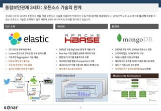 통합보안관제 3세대: 오픈소스 기술의 한계
7
국내외 다수의 SIEM이 루씬이나 하둡 계열 오픈소스 기술을 사용하여 빅데이터 수집/저장/검색을 해결해왔으나, 검색/인덱싱과 고급 분석을 동시에 해결할 수
있는 오픈소스 기술은 존재하지 않기 때문에 3세대 아키텍처의 한계를 맞이하고 있습니다.
ELK 스택
• 2006년 구글 BigTable 공개 후 개발 시작
• Row Key 기준 정렬된 상태로 데이터 저장
• 랜덤 읽기/쓰기를 효율적으로 수행
• 지속적인 파일 병합 (Compaction) 수행
• 대규모 OLTP 수행 지원 (예: 페이스북 메신저)
• 배치 분석 워크로드에 취약
• 2007년 개발 시작, 2009년 오픈소스 전환
• 스키마가 없는 JSON 데이터 구조
• 자바스크립트 기반 API 제공
• 데이터 처리 로직을 자바스크립트 함수로 표현
• 샤드 키 기준 노드 부하 분배
• 지속적인 쓰기 부하에 취약함 (Lock 문제)
• 2010년 첫 번째 버전 배포
• Lucene 엔진으로 인덱싱 및 고속 검색 수행
• 기초적인 Aggregation 기능 제공
• 대규모 배치 분석 불가능
• 조인 및 연관분석 기능 없음
• 실시간 이벤트 연관 분석 불가
HBASE 몽고DB
 