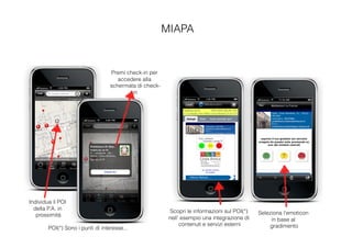 MIAPA


                                   Premi check-in per
                                      accedere alla
                                   schermata di check-
                                           in




Individua il POI
  della P.A. in                                           Scopri le informazioni sul POI(*)
   prossimità                                                                                 Seleziona l’emoticon
                                                          nell’ esempio una integrazione di        in base al
                                                               contenuti e servizi esterni        gradimento
        POI(*) Sono i punti di interesse...
 