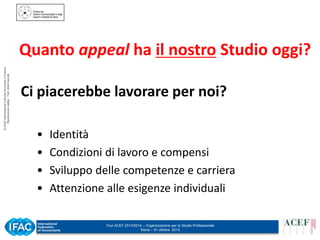 © ACEF Associazione Culturale Economia e Finanza
Riproduzione vietata - Tutti i diritti riservati

Quanto appeal ha il nostro Studio oggi?
Ci piacerebbe lavorare per noi?
•
•
•
•

Identità
Condizioni di lavoro e compensi
Sviluppo delle competenze e carriera
Attenzione alle esigenze individuali
Tour ACEF 2013/2014 – Organizzazione per lo Studio Professionale
Siena – 31 ottobre 2013

 