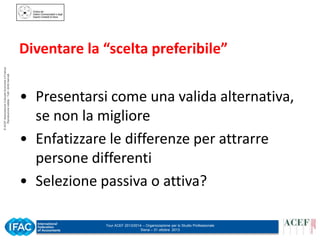 © ACEF Associazione Culturale Economia e Finanza
Riproduzione vietata - Tutti i diritti riservati

Diventare la “scelta preferibile”

• Presentarsi come una valida alternativa,
se non la migliore
• Enfatizzare le differenze per attrarre
persone differenti
• Selezione passiva o attiva?
Tour ACEF 2013/2014 – Organizzazione per lo Studio Professionale
Siena – 31 ottobre 2013

 