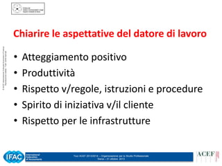 © ACEF Associazione Culturale Economia e Finanza
Riproduzione vietata - Tutti i diritti riservati

Chiarire le aspettative del datore di lavoro
•
•
•
•
•

Atteggiamento positivo
Produttività
Rispetto v/regole, istruzioni e procedure
Spirito di iniziativa v/il cliente
Rispetto per le infrastrutture

Tour ACEF 2013/2014 – Organizzazione per lo Studio Professionale
Siena – 31 ottobre 2013

 